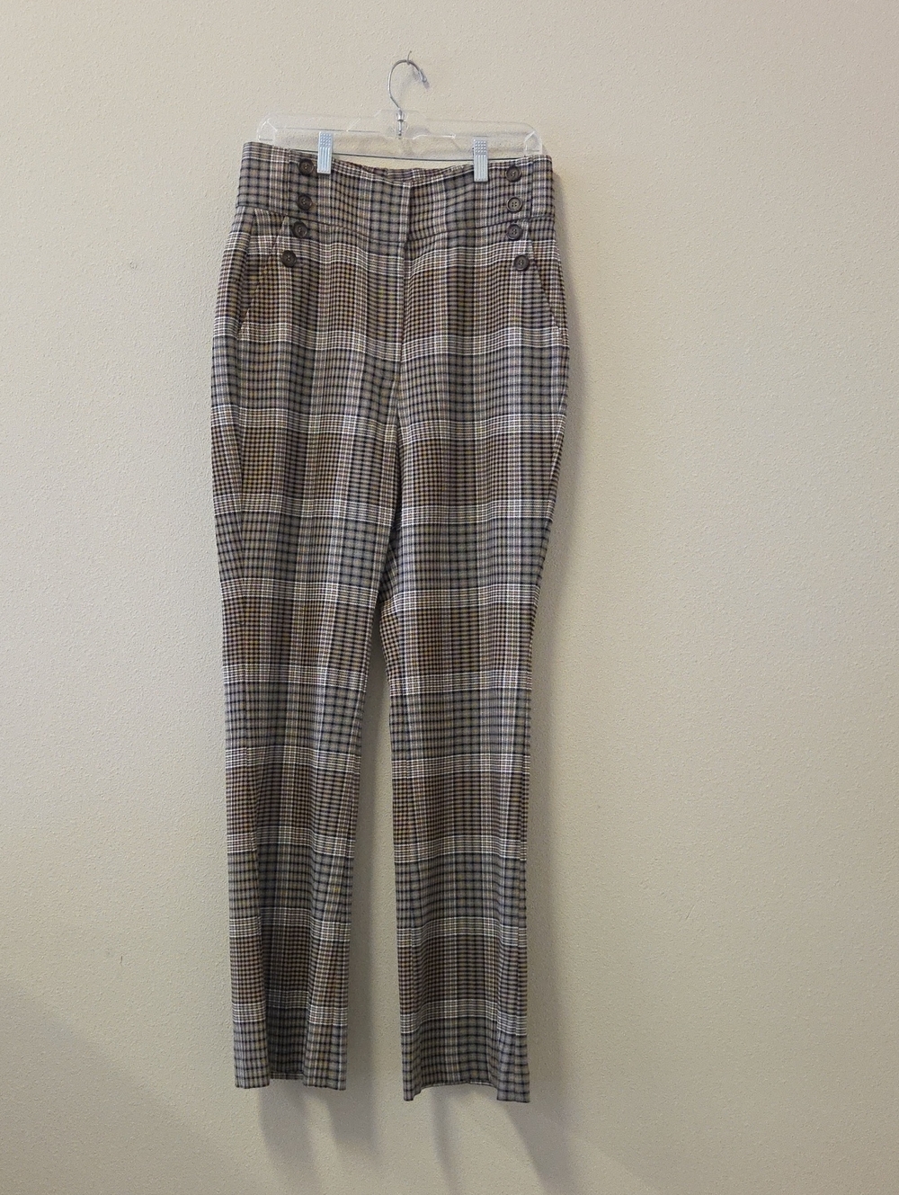 Halogen Wide Leg High-Waisted Women Plaid Trousers in Brown and Cream Size 10